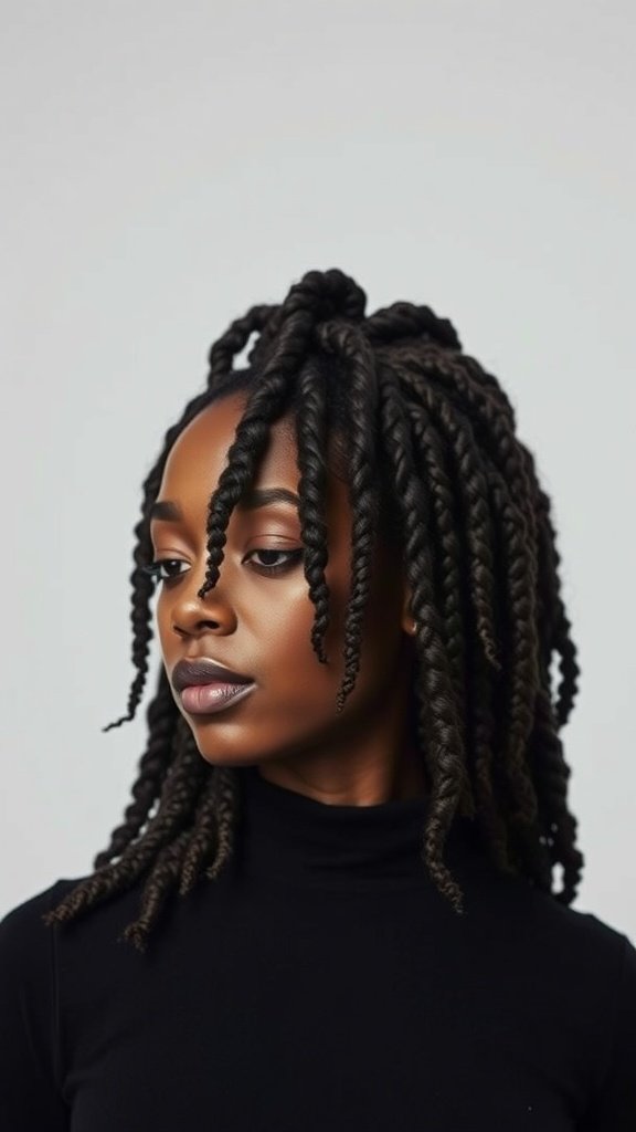 A woman with knotless twist braids styled in a natural hair look.