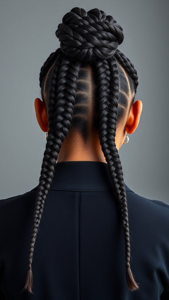 A woman with large knotless box braids styled in a bun, showcasing intricate parting and a sleek look.