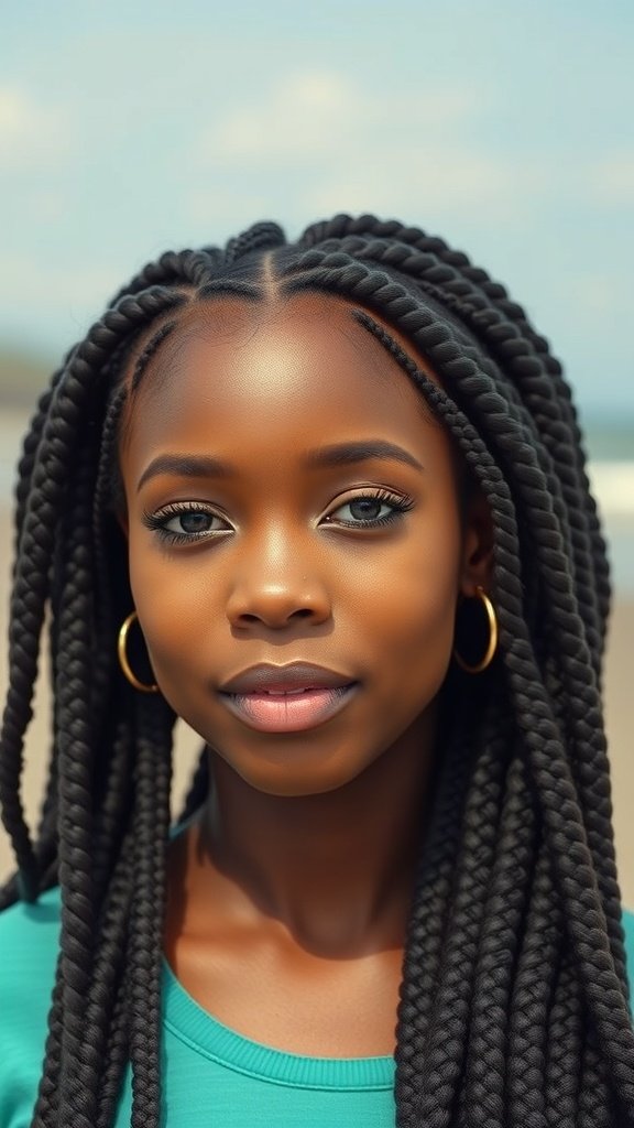 A young woman with large knotless box braids styled with beachy waves, showcasing a natural and relaxed look.