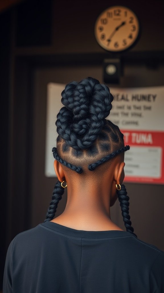A person with large knotless box braids styled in a beehive, showcasing a unique and elegant hairstyle.