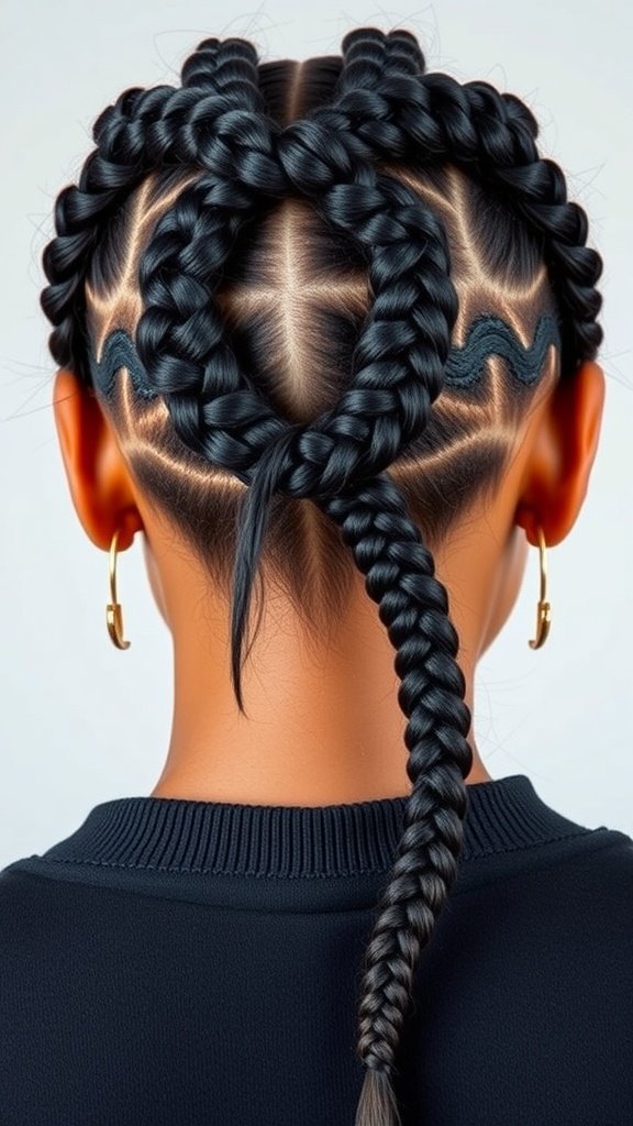 A woman with large knotless box braids styled in a casual updo, featuring a heart-shaped braid design and a loose braid.