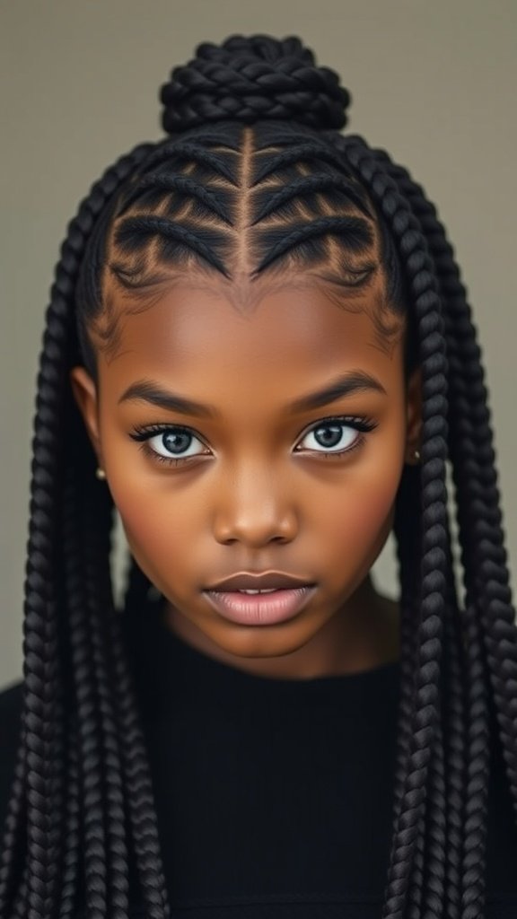 A close-up of a person with large knotless box braids styled in a center part, showcasing a neat and polished look.