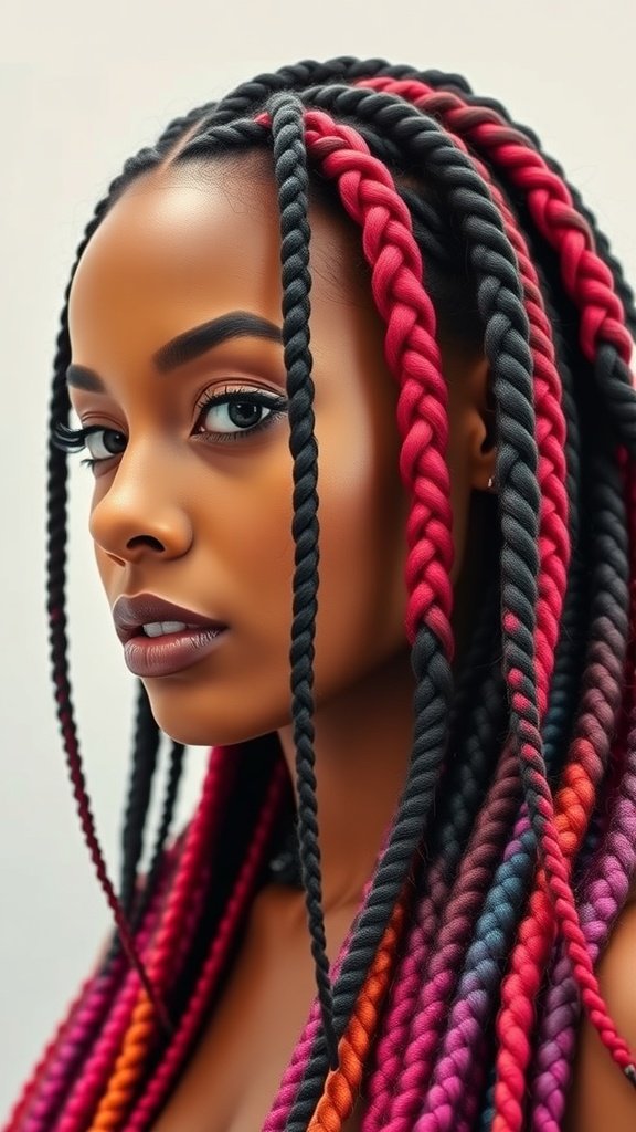 A woman with large knotless box braids featuring a colorful ombre effect, showcasing vibrant hues of pink, purple, and black.