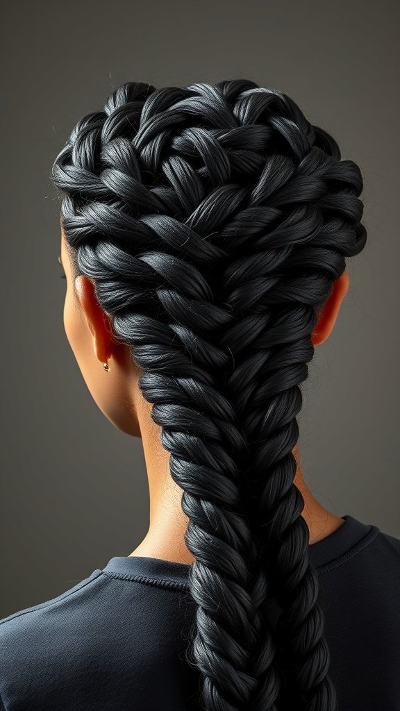 A person with large knotless box braids styled into a crown braid.