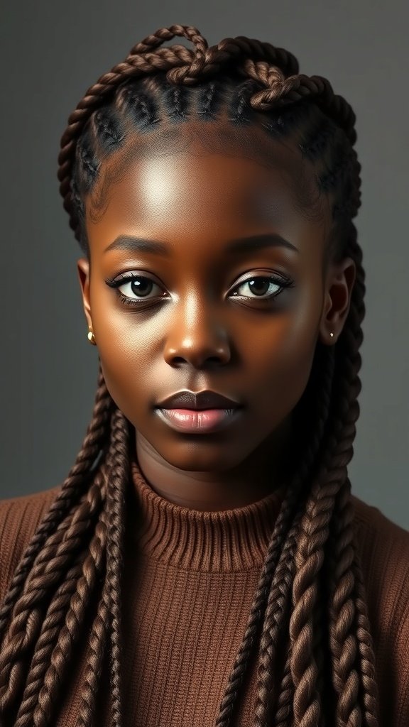 A close-up of a person with large knotless box braids styled with a dramatic side part.