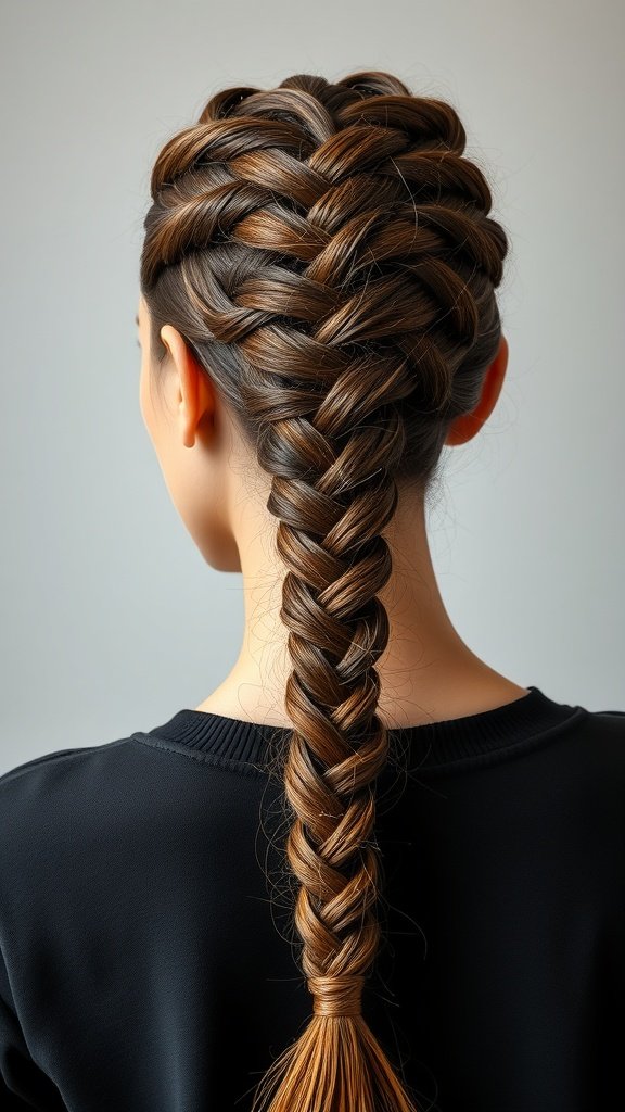 A woman with large knotless box braids styled into a fishtail braid.