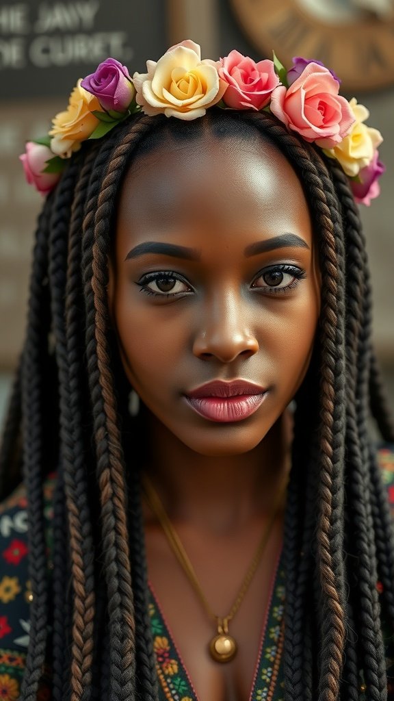 A woman with large knotless box braids wearing a colorful flower crown.