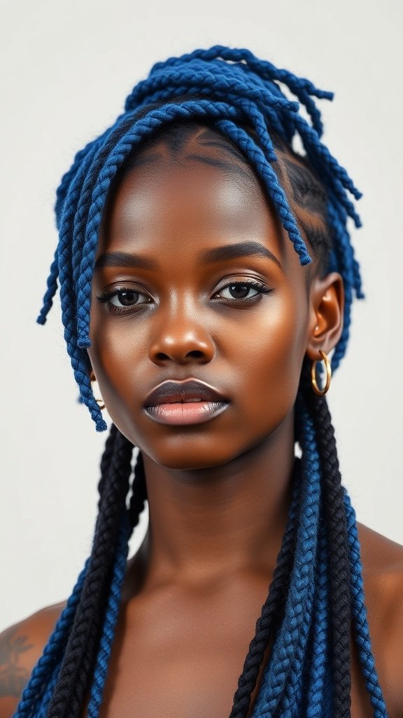 A model with large knotless box braids in a vibrant blue color, showcasing a stylish and modern hairstyle.