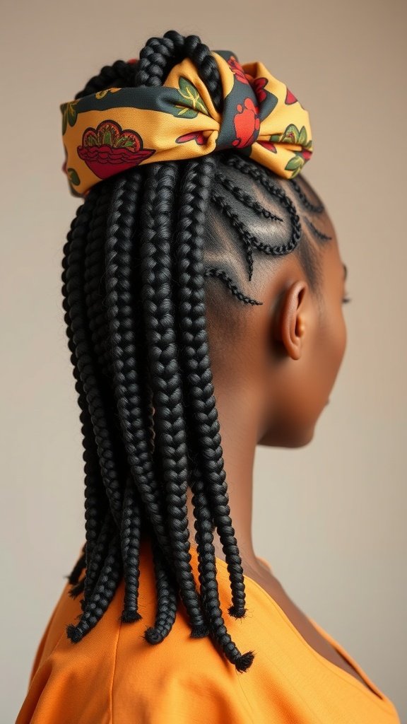 A woman with large knotless box braids styled with a colorful hair wrap.