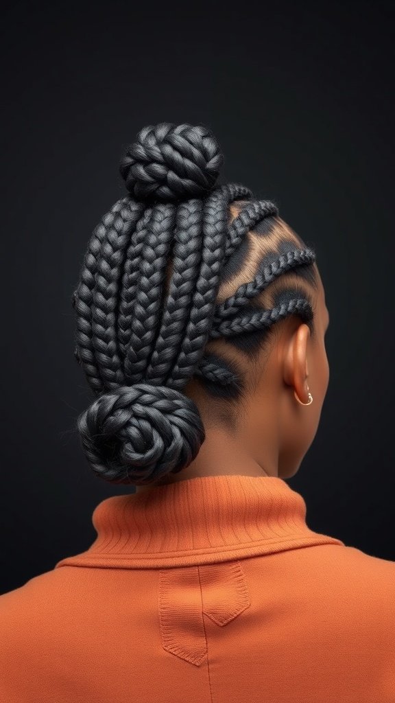 A woman with large knotless box braids styled in a low bun, showcasing a sleek and polished appearance.