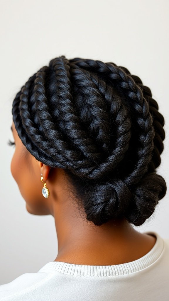 A woman with large knotless box braids styled in a low side bun, showcasing elegance and sophistication.