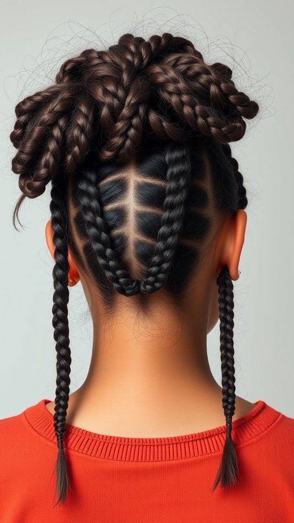 A woman with large knotless box braids styled in a messy bun, showcasing a chic and playful hairstyle.