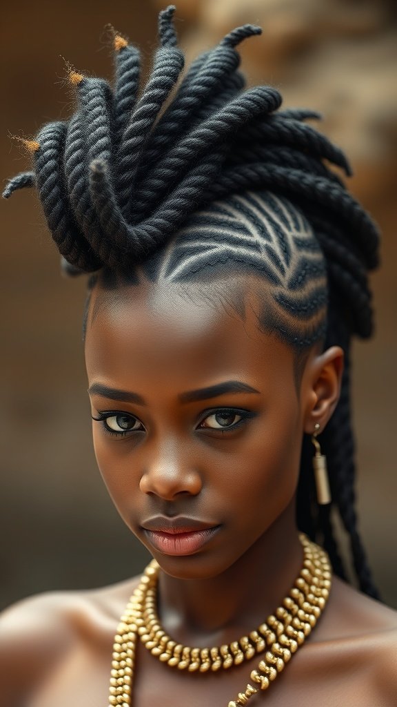 A woman with large knotless box braids styled in a mohawk, showcasing intricate patterns and bold jewelry.