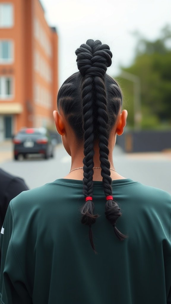 A person with large knotless box braids styled in a high ponytail, showcasing a sleek and stylish look.