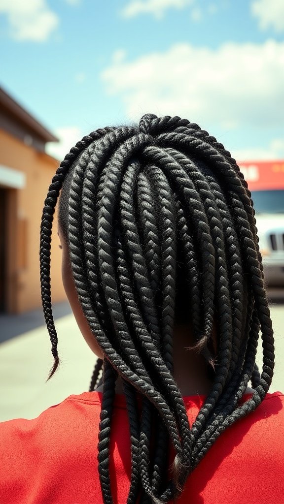 A person with large knotless box braids styled with a retro twist, showcasing the braids from the back.