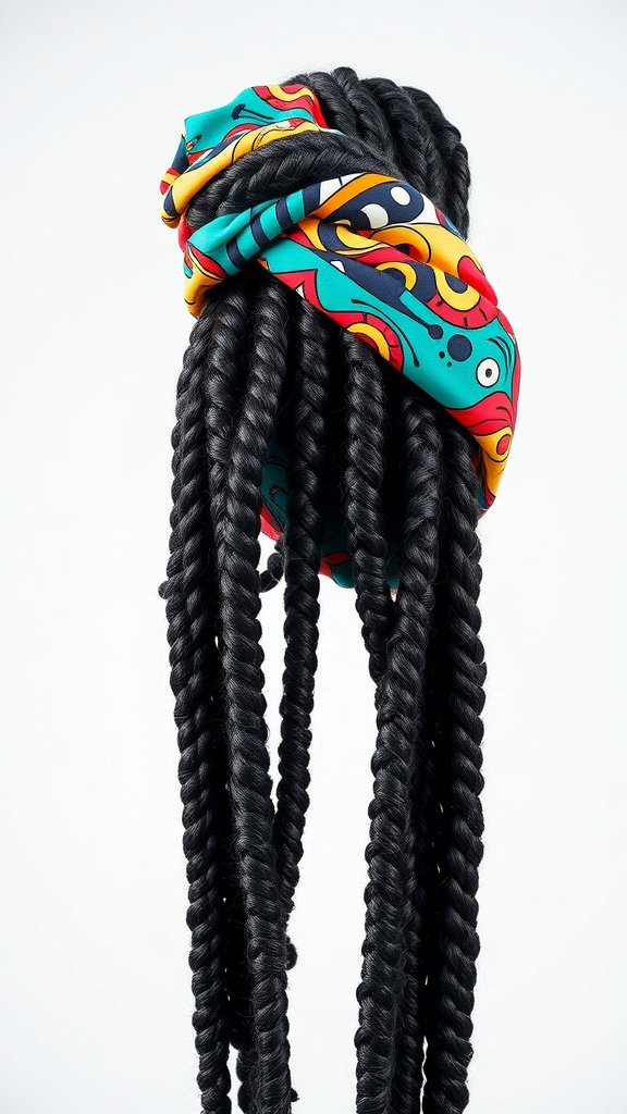 Large knotless box braids styled with a colorful scarf