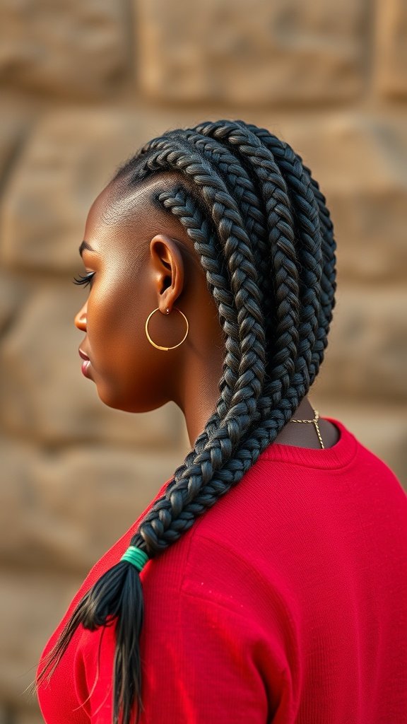 A woman with large knotless box braids styled with a side braid, wearing a red top.