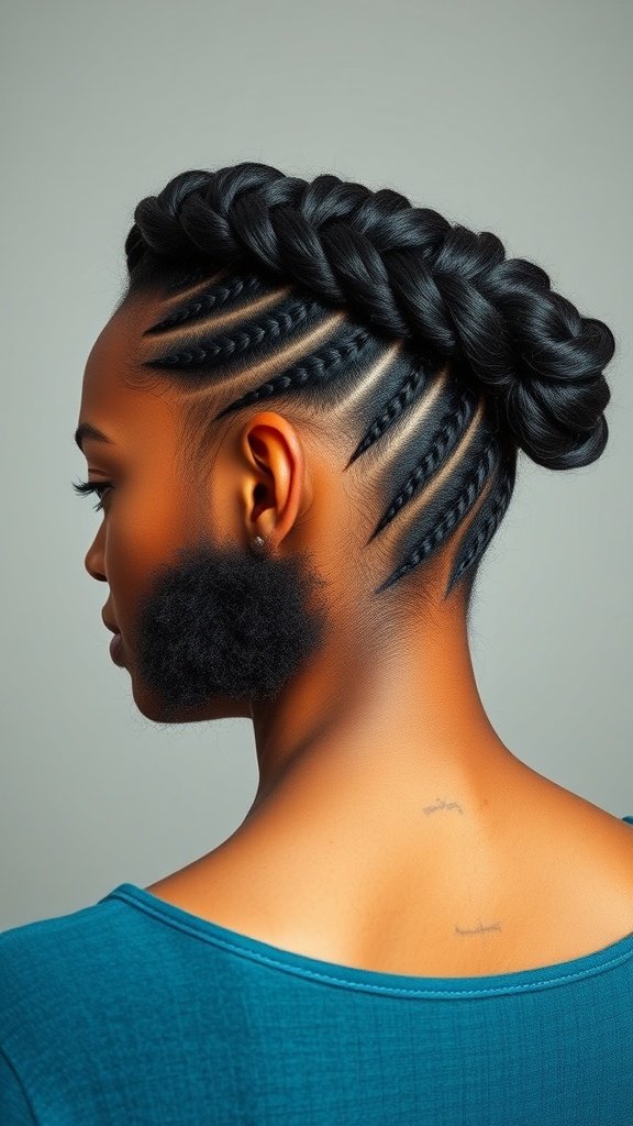 A woman with large knotless box braids styled into a side bun, showcasing a neat and elegant hairstyle.