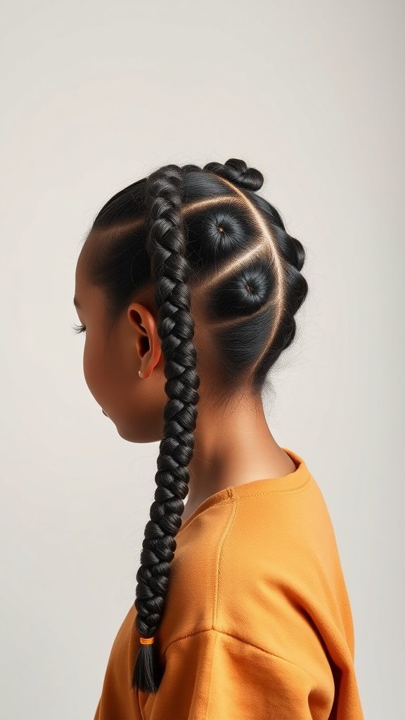 A girl with large knotless box braids styled in a side ponytail, showcasing intricate braiding patterns.