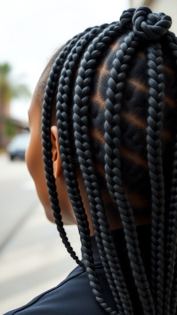 Close-up of large knotless box braids styled in a sleek back look