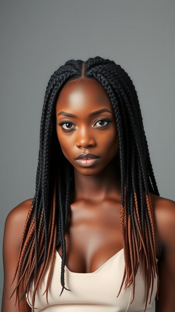 A model with large knotless box braids styled sleekly, featuring a mix of black and brown tones.