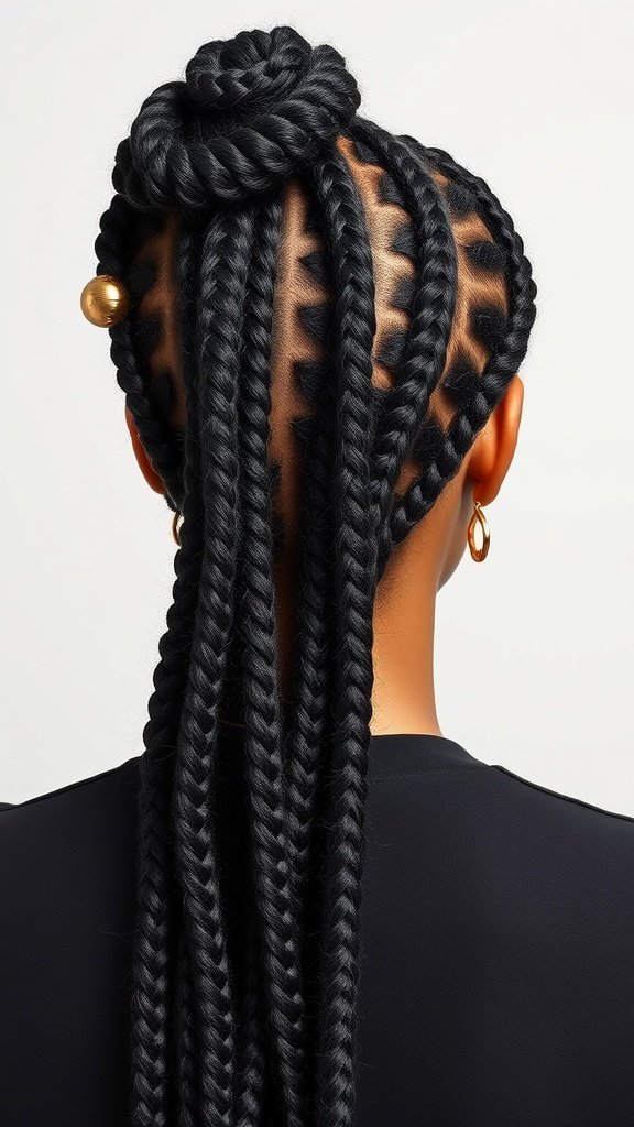 A close-up view of large knotless box braids styled in a sleek finish with a top knot and gold accessories.