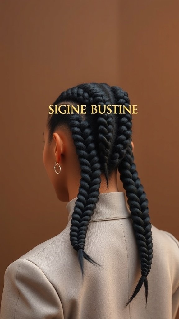 A person with large knotless box braids styled in a sleek ponytail.