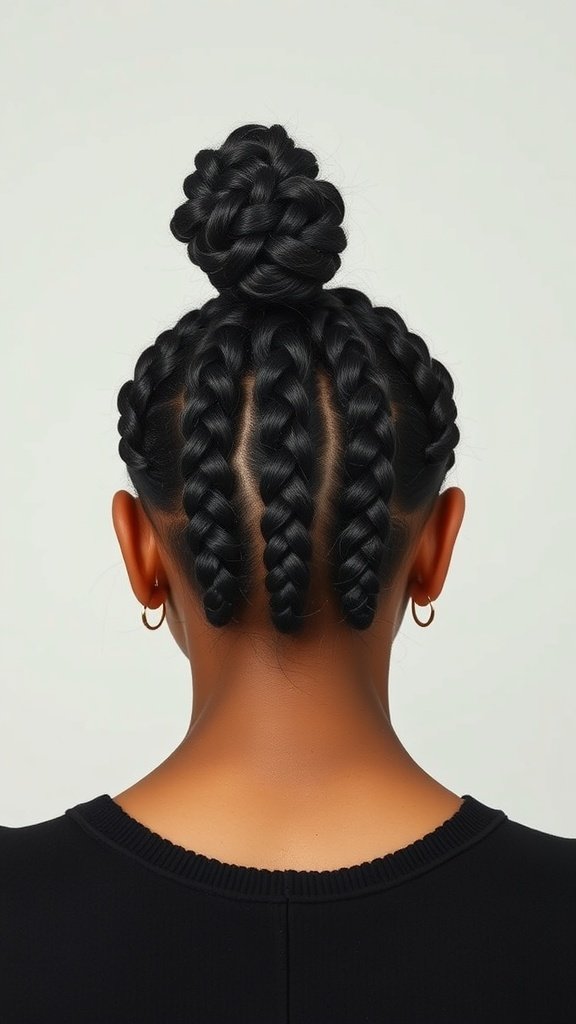 Large knotless box braids styled into a top knot
