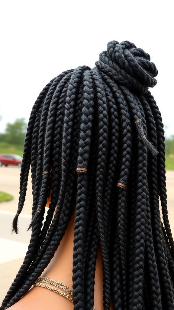 Large knotless box braids styled with a twist out on top