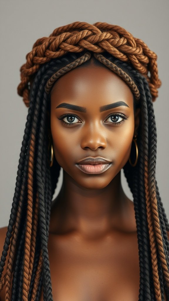 A woman with large knotless box braids styled in a twisted crown