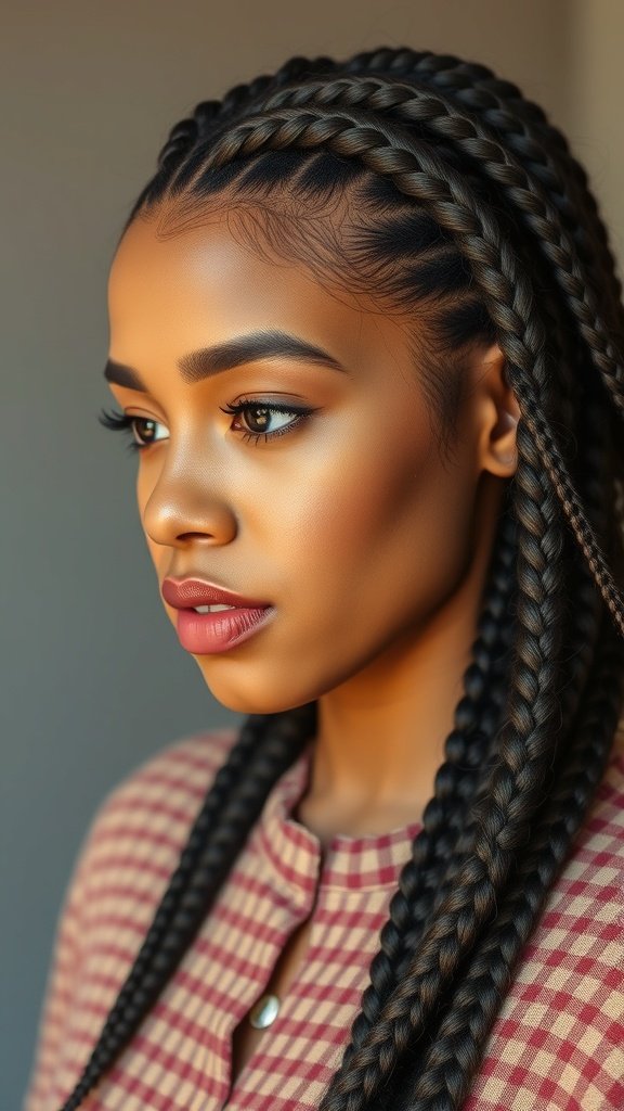 A close-up of a woman with large knotless box braids, showcasing a vintage-inspired hairstyle.