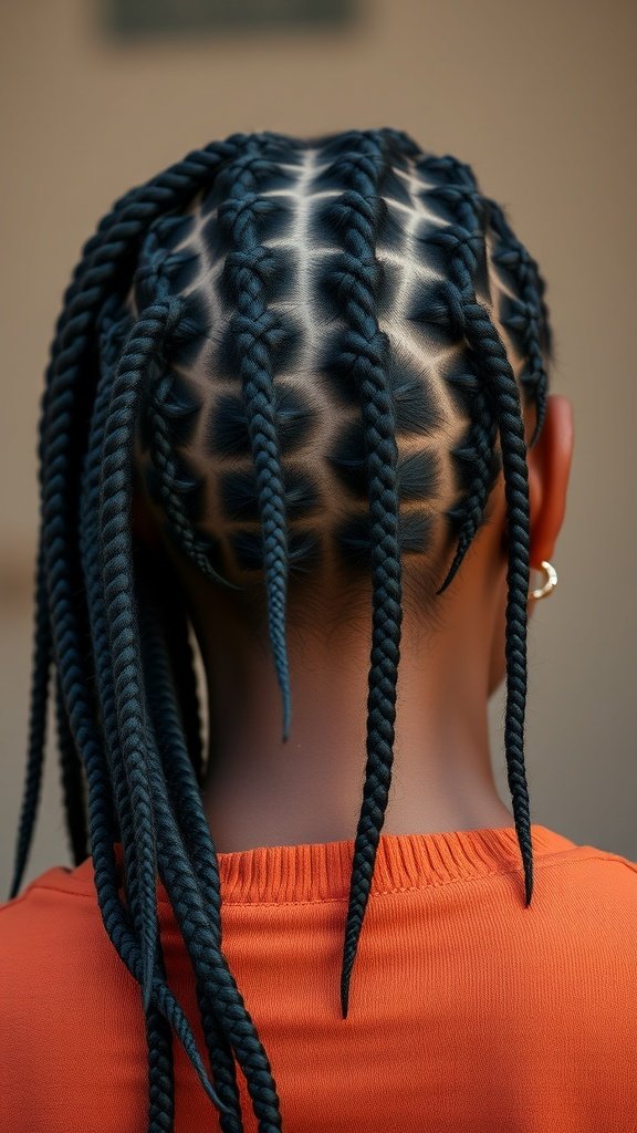Back view of a person with large knotless box braids styled in a zigzag part.