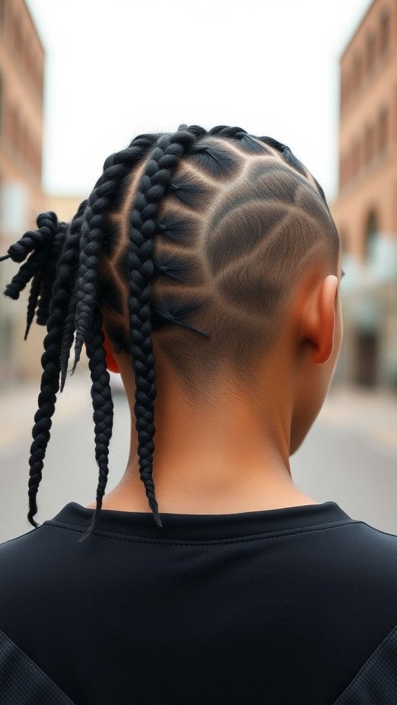 A person with large knotless box braids and an undercut, showcasing a unique hairstyle with intricate patterns.