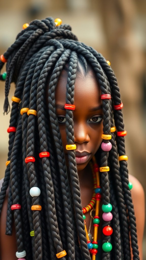 A person with large knotless box braids decorated with colorful beads.
