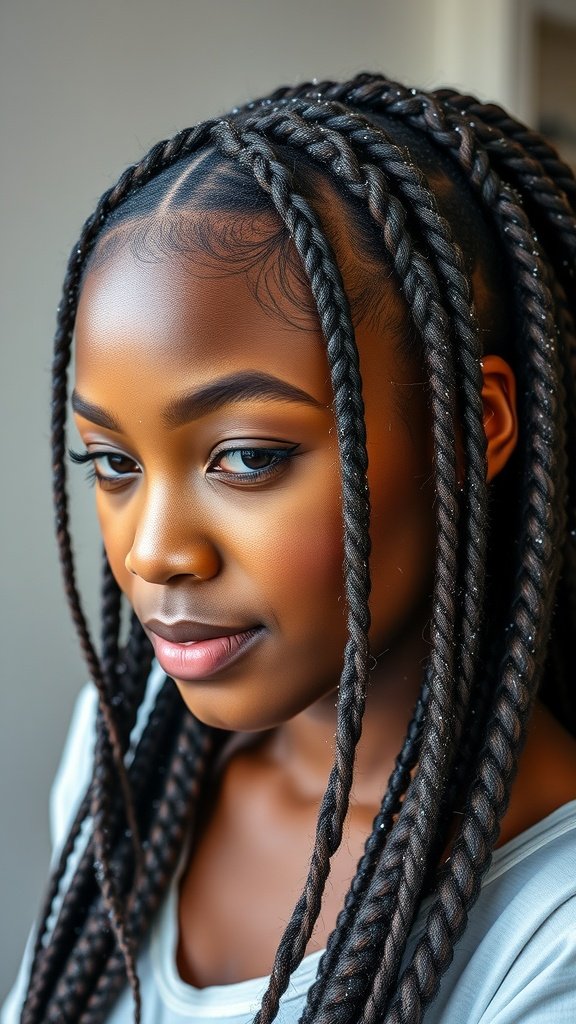 A close-up of a person with large knotless box braids adorned with glitter.