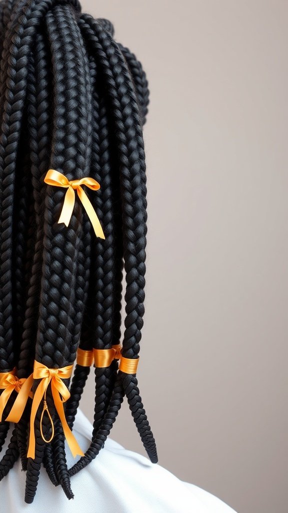Large knotless box braids with orange ribbons