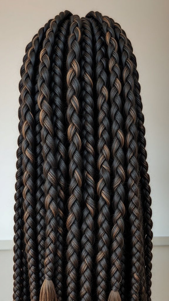 Large knotless box braids with highlights, showcasing a blend of dark and light colors.