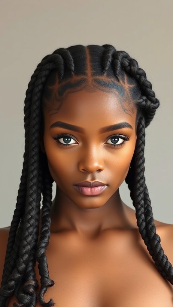 A close-up of a woman with large knotless box braids styled with spiral curls at the ends.