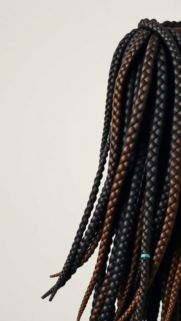 A close-up of large knotless box braids with twists in dark and light colors.