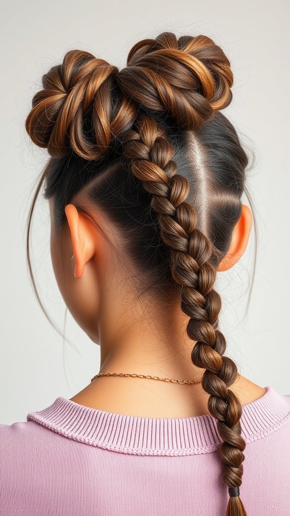 A woman with large knotless braids styled in two buns and a long braid.