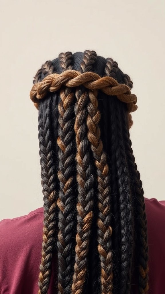 A woman with large knotless braids styled with a braided headband, showcasing a mix of dark and light hair colors.