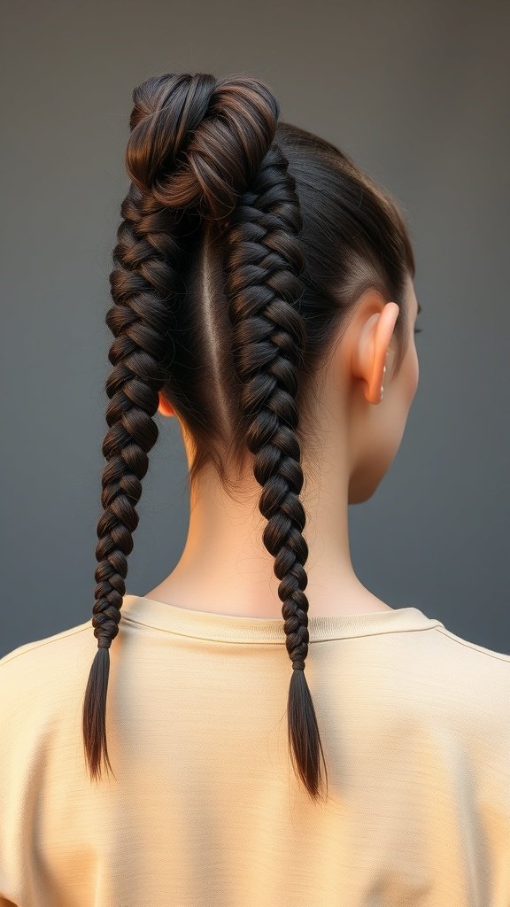 A woman with large knotless braids styled into a braided ponytail.