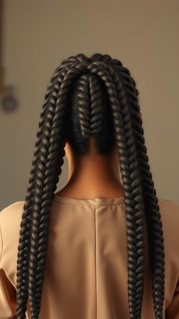 A close-up view of large knotless braids styled with a classic twist.