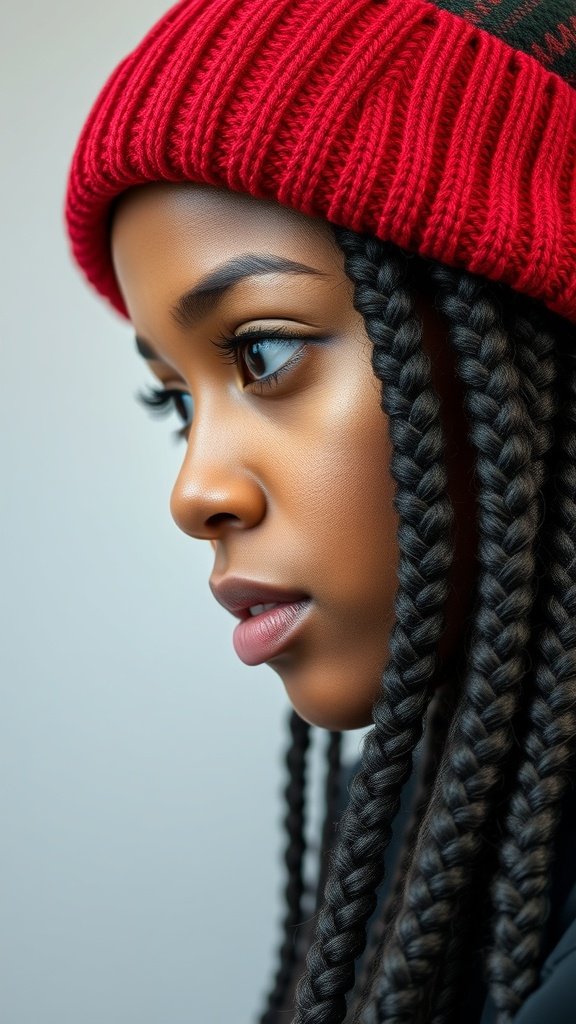 A profile view of a person with large knotless braids wearing a red beanie.