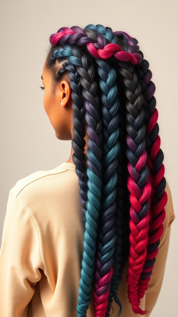 Large knotless braids with colorful dip dye in pink and blue