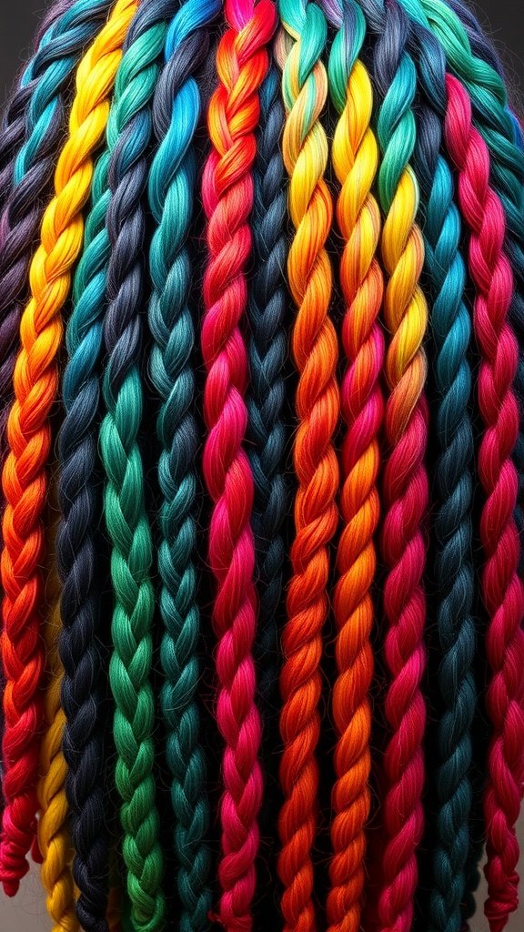 Large knotless braids in vibrant colors including blue, yellow, red, and green.