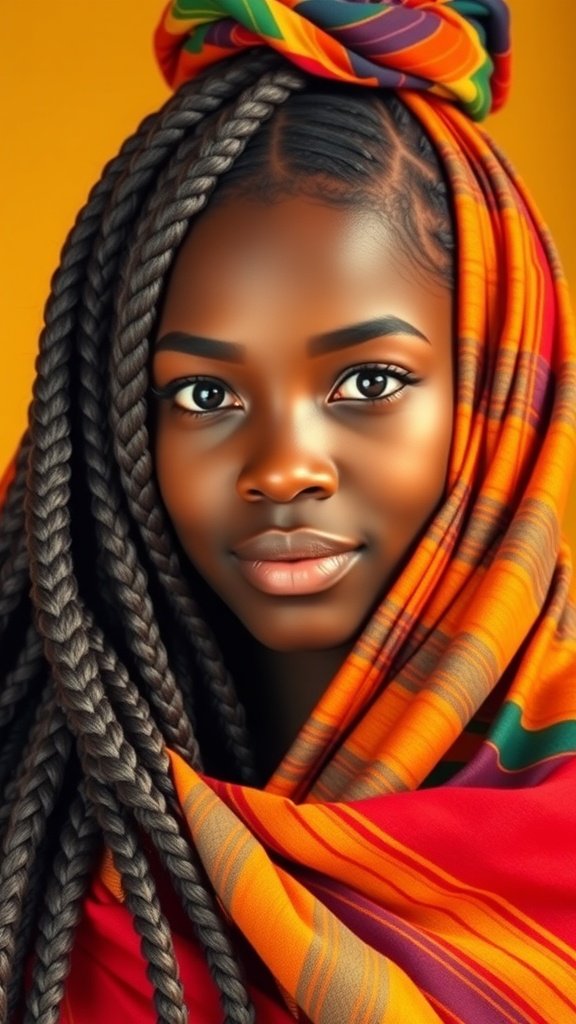 A person with large knotless braids adorned with a colorful wrap, showcasing a vibrant hairstyle.