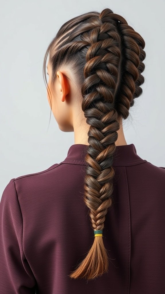 A woman with large knotless braids styled into a fishtail braid, showcasing a unique and elegant hairstyle.