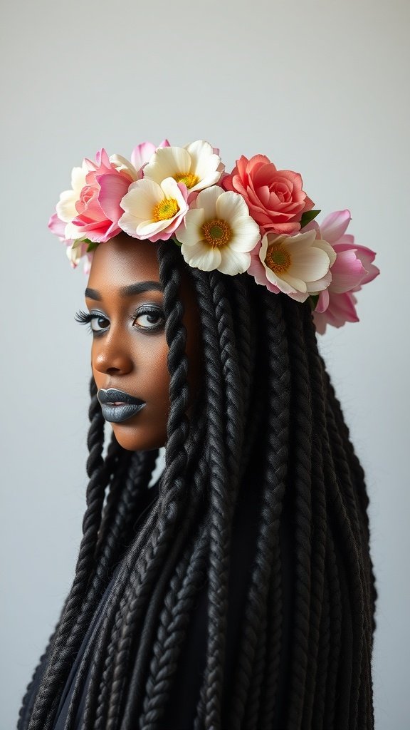 A woman with large knotless braids and a floral crown, showcasing a stylish and vibrant look.
