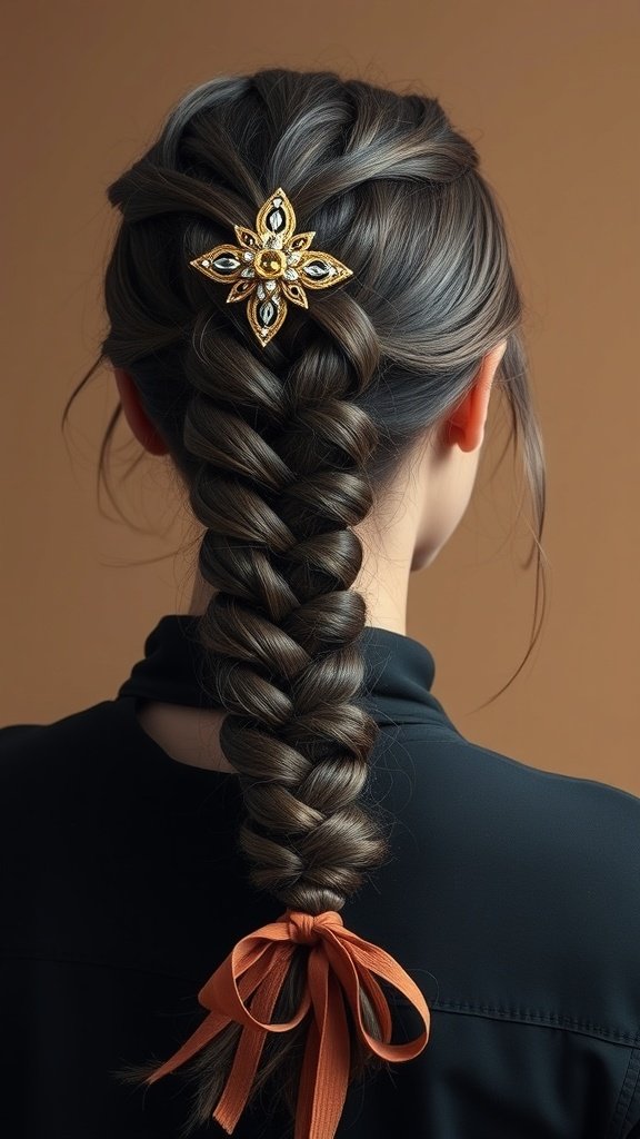 A woman with large knotless braids styled with a decorative hair clip.